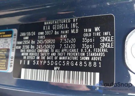 2024 Kia Telluride Sx Prestige X-Line z USA, uszkodzony, nr VIN 5XYP5DGC5RG485881